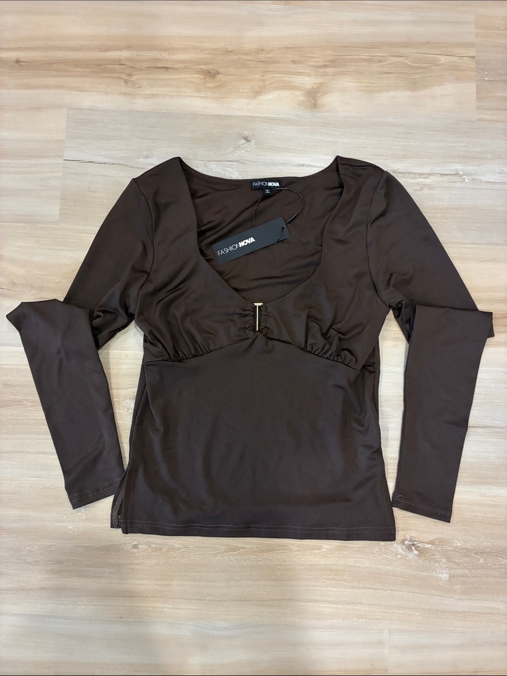 Fashion Nova Chocolate Brown Long Sleeve Scoop Neck Top with Front Accent